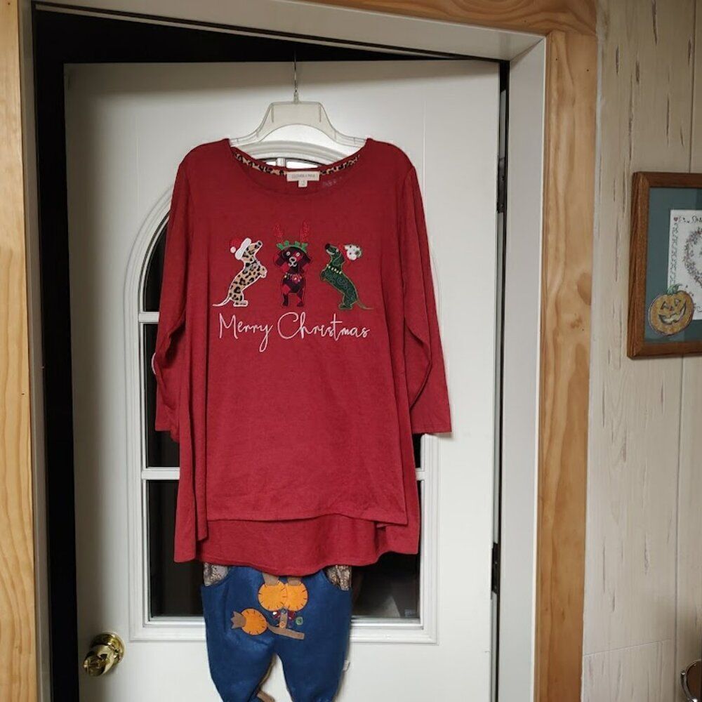 New Clover + Pine Red Dog Christmas 3/4 Sleeve Top Size Women's XXL